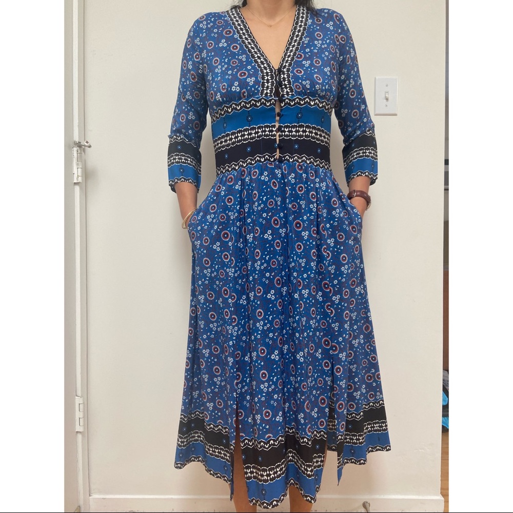 Sea Tallulah 3/4-Sleeve Printed Blue Silk Midi
Dress